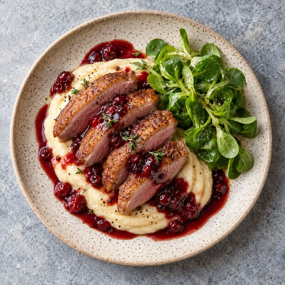 Aiguillettes de canard aux airelles servies sur purée de céleri-rave et pommes de terre, avec sauce aux airelles et mâche fraîche.