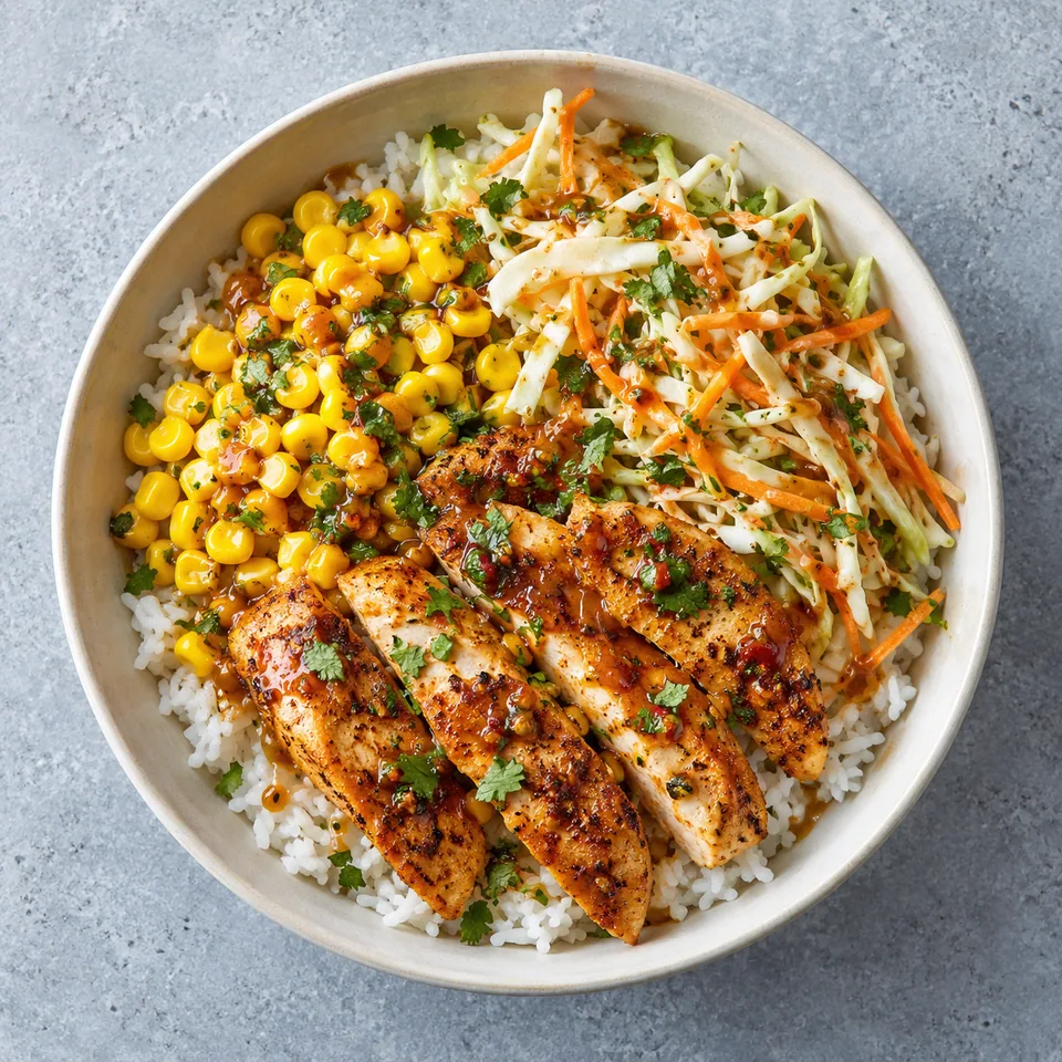 Aiguillettes de poulet cajun à l’air fryer, maïs et salade dans un bol blanc cassé