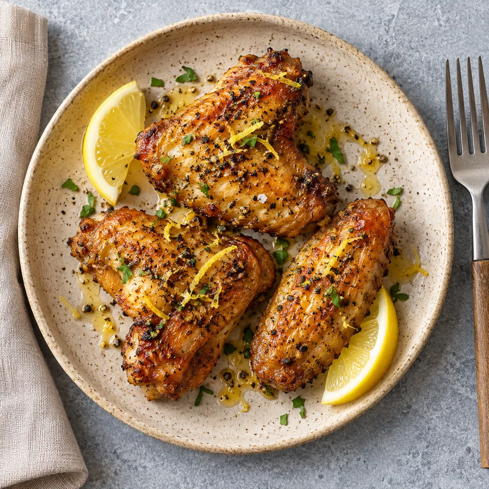 Ailes de poulet citron-poivre à l’air fryer dorées et croustillantes sur une assiette en grès beige, parsemées de poivre et zestes de citron.