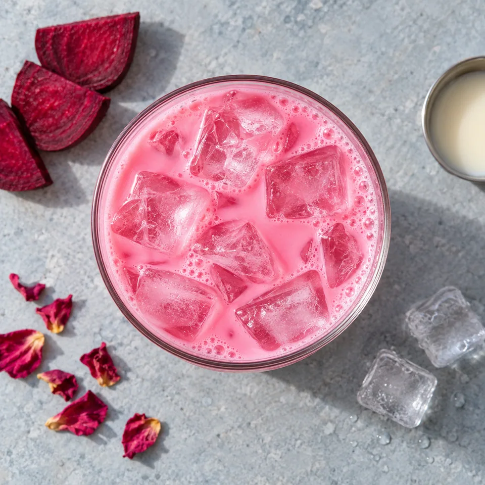 Air bandung, boisson rose glacée au lait et betterave dans un verre transparent avec des glaçons.