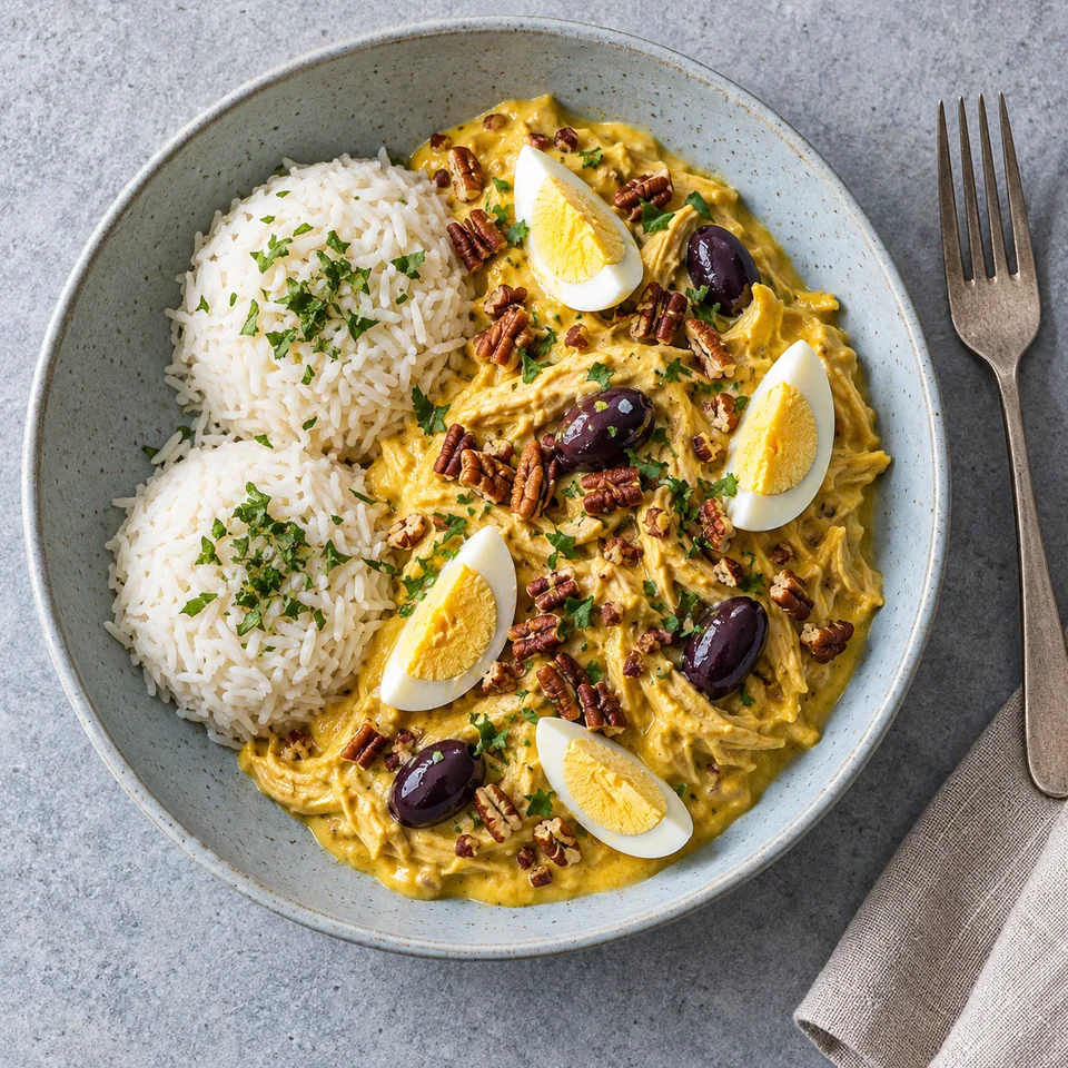 Assiette creuse bleu-gris : riz en dômes, poulet crémeux jaune, œuf dur, olives noires et noix de pécan.
