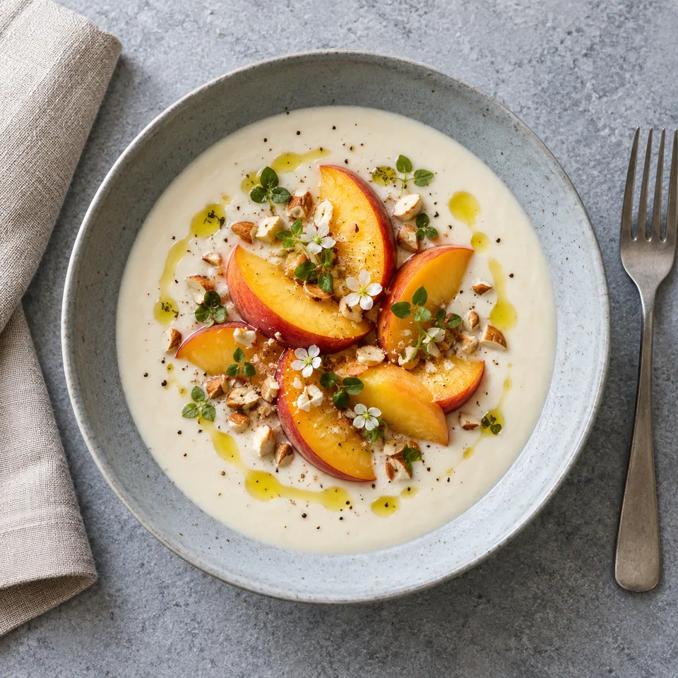 Ajo blanco aux pêches : soupe blanche crémeuse dans un bol bleu-gris, garnie de quartiers de pêches jaunes.