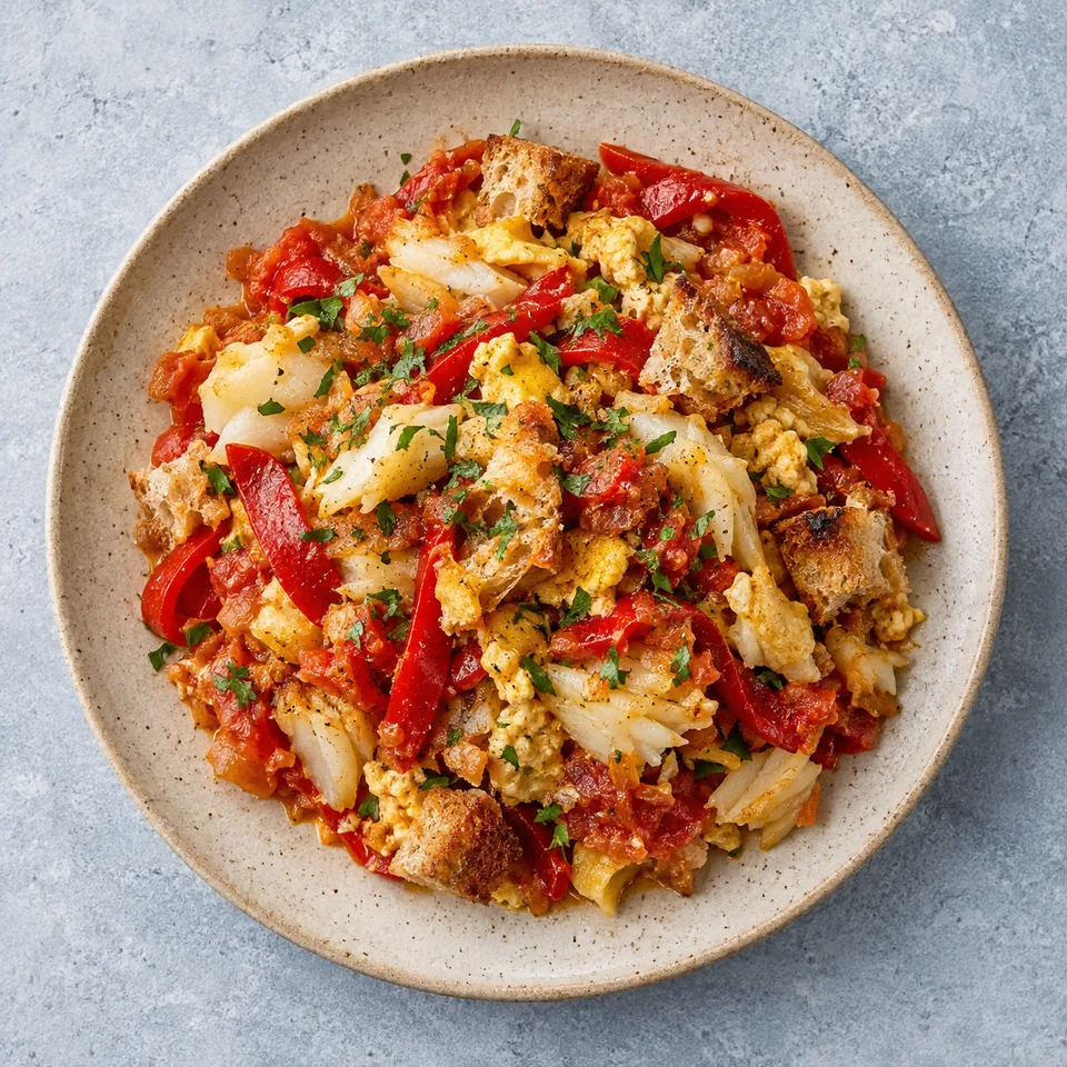 Ajoarriero : portion de morue aux poivrons, œufs brouillés dorés et pain grillé sur assiette beige.