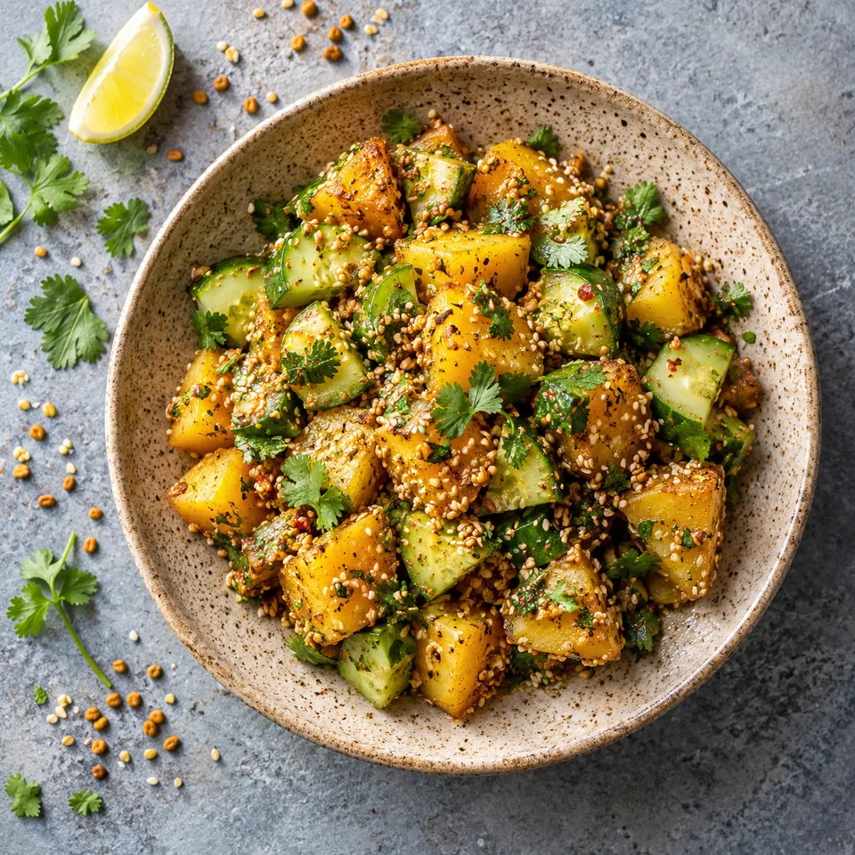 Aloo achar : portion de dés de pommes de terre et concombre au sésame doré et coriandre sur assiette grès beige.