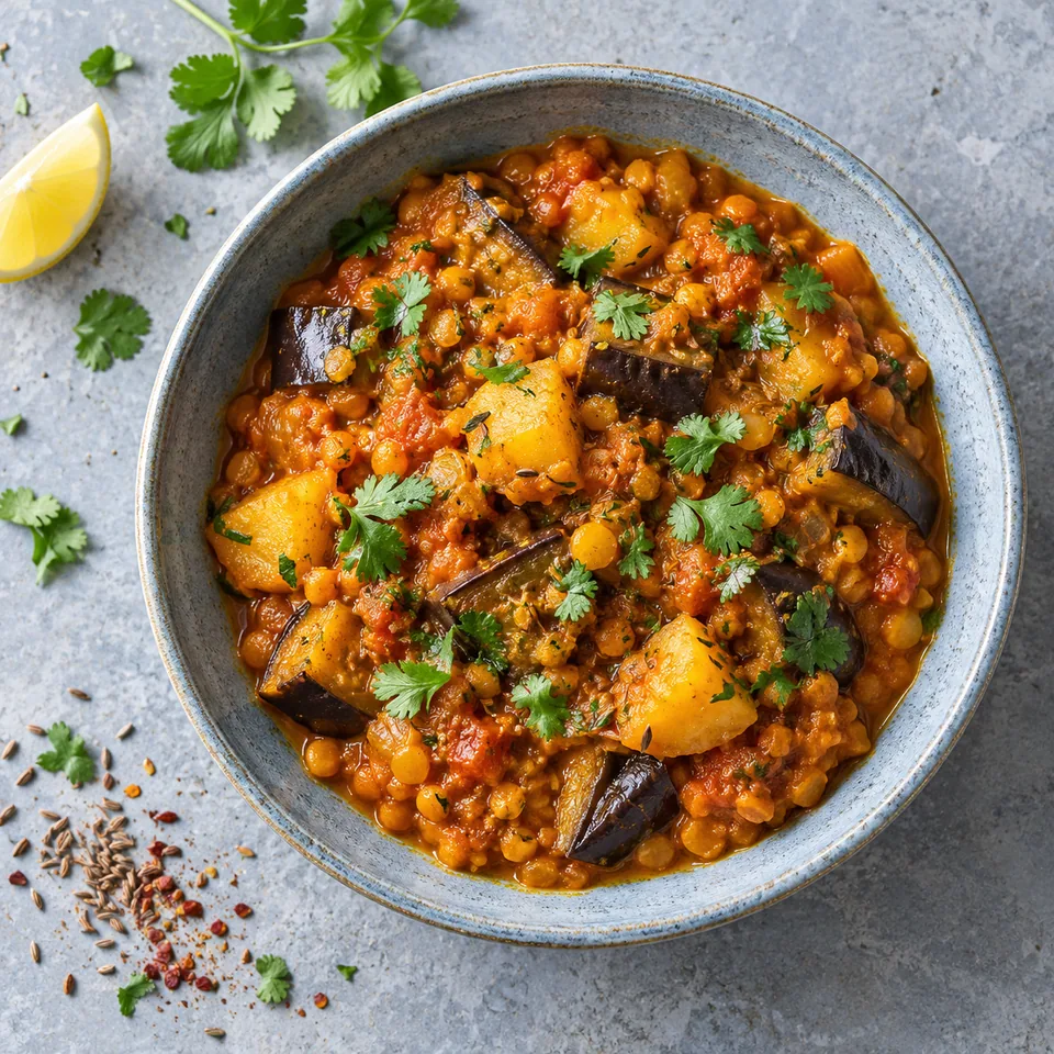 Aloo baingan : portion de dahl aux lentilles et légumes en dés sur assiette bleue, parsemée de coriandre fraîche.