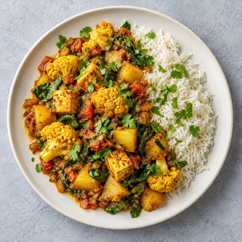 Aloo gobi : portion de riz, tofu, chou-fleur et pommes de terre aux épices, garni de coriandre.