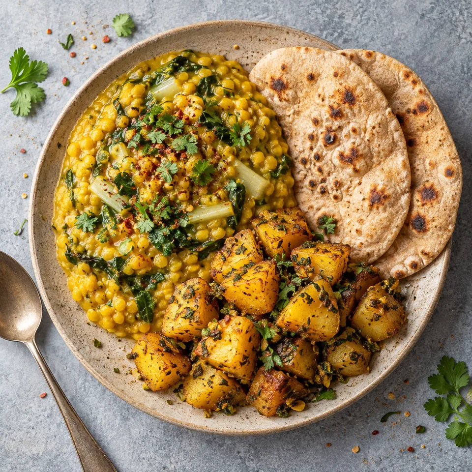 Aloo methi : dal de lentilles et chou sur assiette beige avec dés de pommes de terre et chapatis.