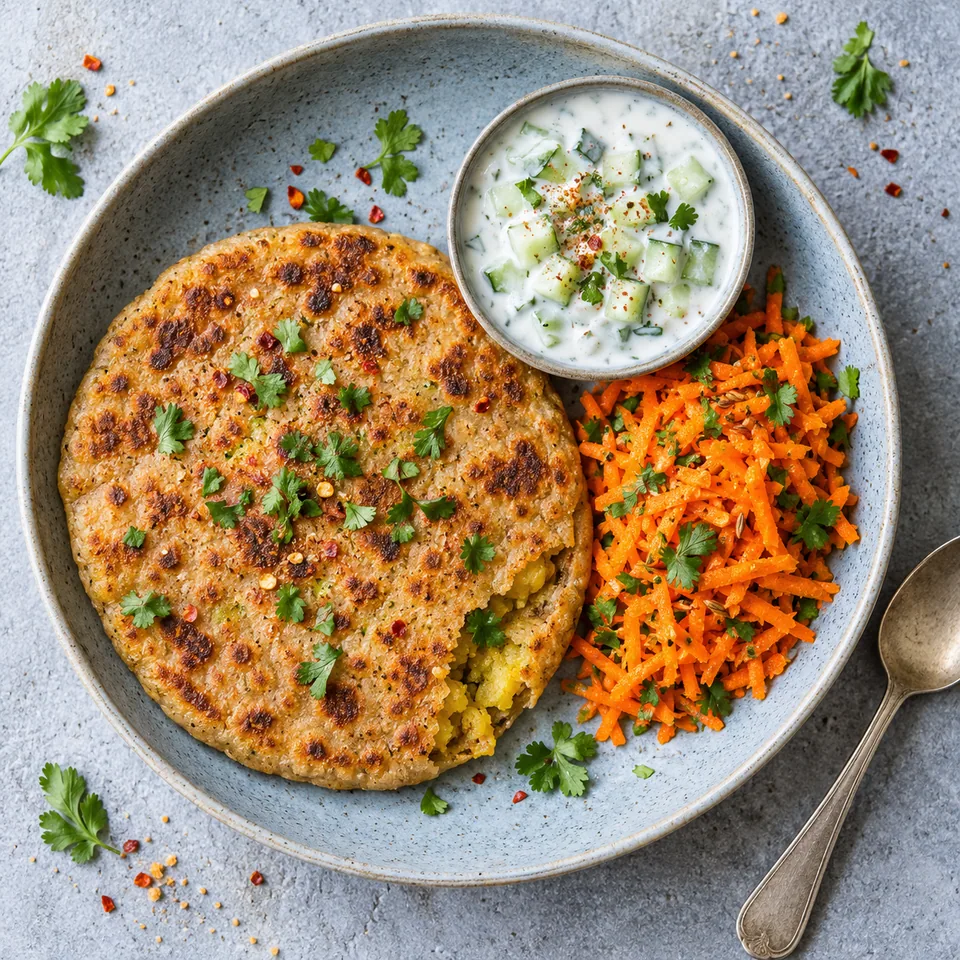 Aloo paratha aux pommes de terre doré servi avec raïta et carottes râpées sur assiette grise.