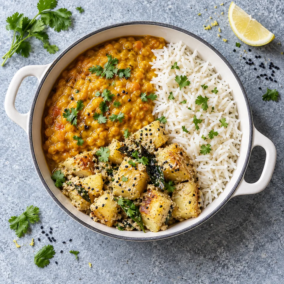 Aloo posto, dal et riz basmati : riz blanc, dal onctueux et pommes de terre dorées garnies de graines dans une cocotte blanche.