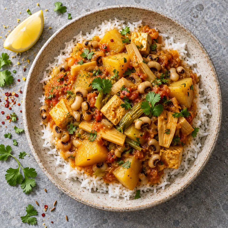 Aloo tama népalais : riz blanc, dés de pommes de terre, haricots noirs, tofu et sauce tomate épicée dans une assiette beige.