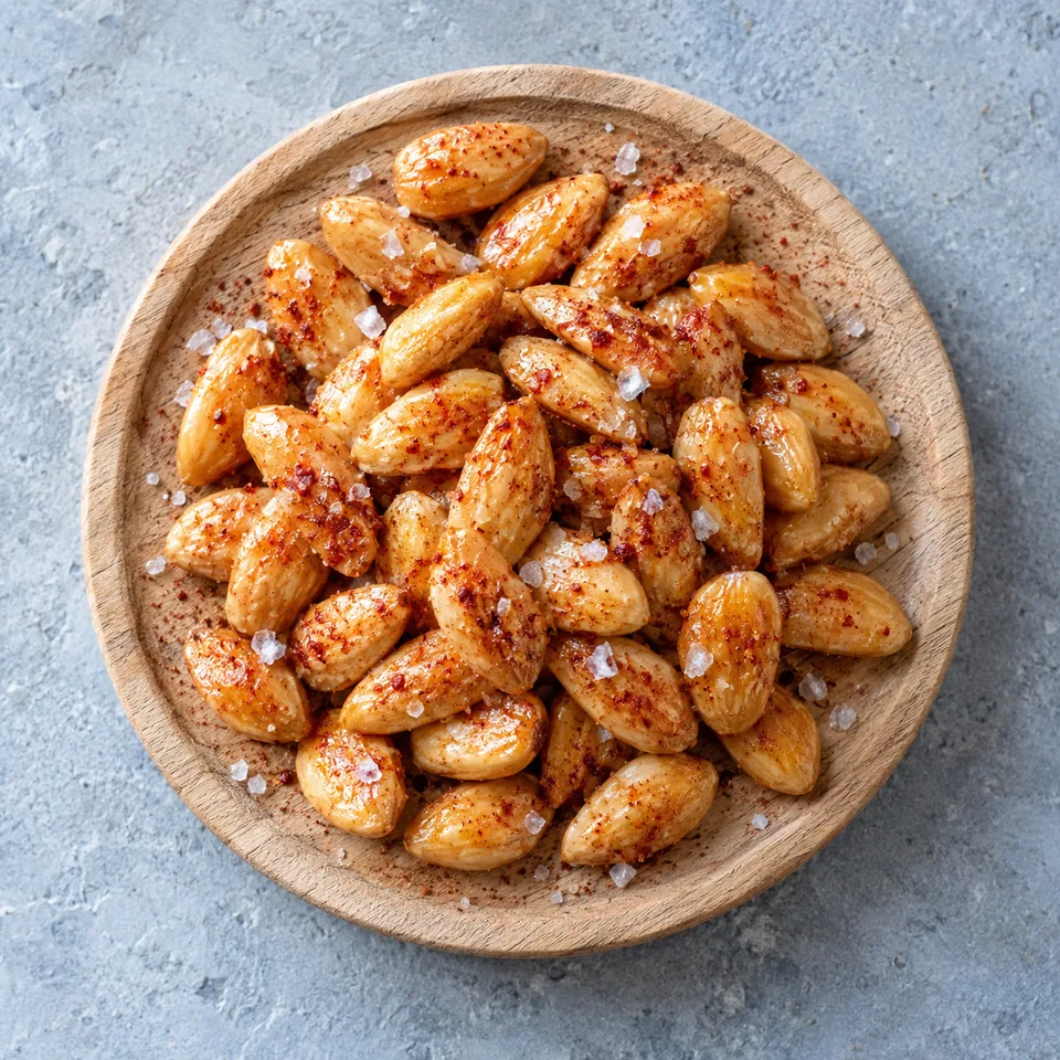 Amandes dorées à l’huile d’olive et fleur de sel : amandes entières dorées et croustillantes, saupoudrées de sel et paprika, sur une planche en bois.