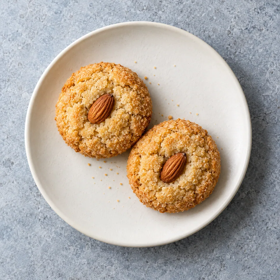 Deux biscuits amaretti dorés avec une amande entière au centre sur une assiette blanche.
