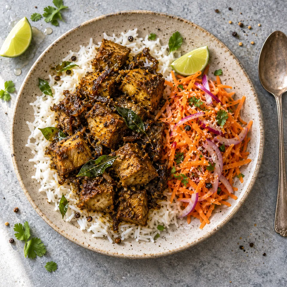 Ambul thiyal : cubes de thon cuit à sec sur riz basmati, accompagnés de sambol aux carottes râpées et oignon rouge sur assiette beige mouchetée.