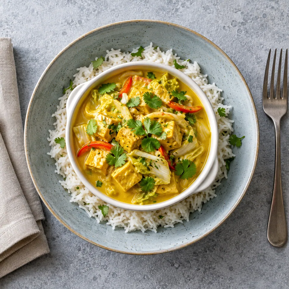 Amok de tofu au lait de coco : portion de tofu et chou dans leur sauce jaune dorée, servie sur riz blanc et garnie de coriandre fraîche dans un ramequin sur assiette bleue.
