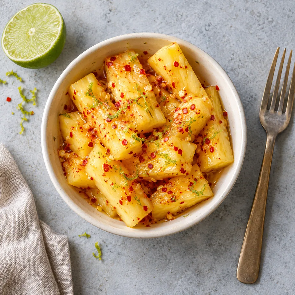 Ananas au piment doux et citron vert : bâtonnets d'ananas brillants dans un petit bol blanc cassé.