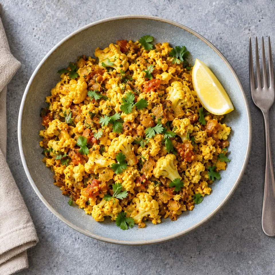 Anda gobhi bhurji : œufs brouillés et chou-fleur dorés à la coriandre, avec un quartier de citron sur une assiette bleu-gris.