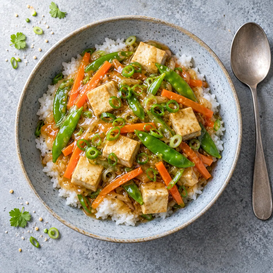 Ankake don au tofu et légumes croquants : riz nappé de sauce brillante avec tofu, carottes et pois gourmands, garni de ciboule.