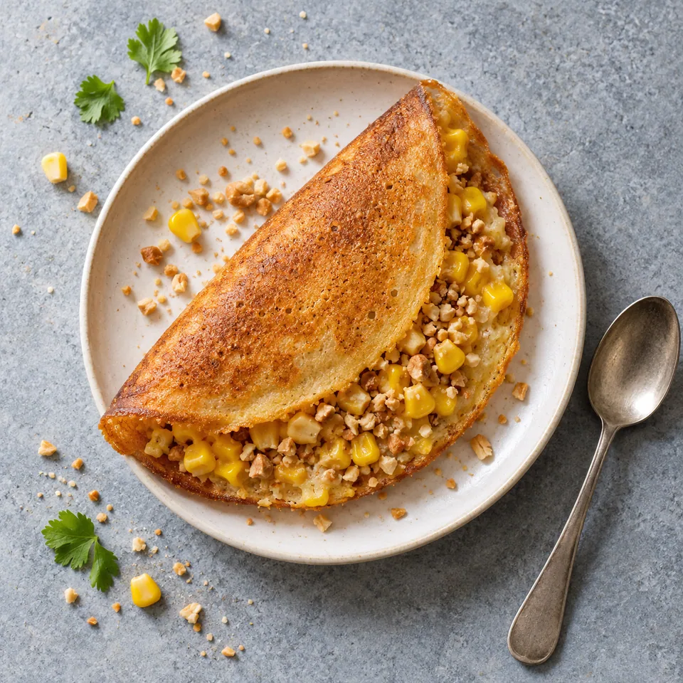 Apam balik au maïs et aux cacahuètes : crêpe pliée dorée garnie de maïs jaune et cacahuètes, sur assiette blanche.