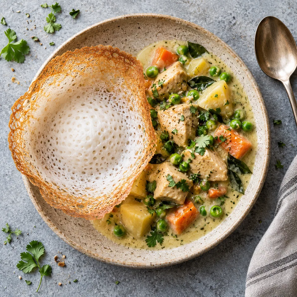 Assiette beige sable avec ragoût de poulet, légumes et coriandre, accompagné d'un appam doré.