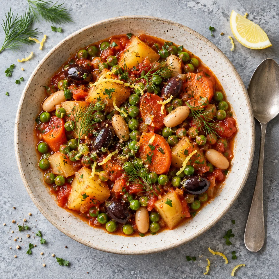 Arakas laderos : portion de petits pois à la tomate avec pommes de terre, carottes, haricots blancs et olives noires sur assiette beige.