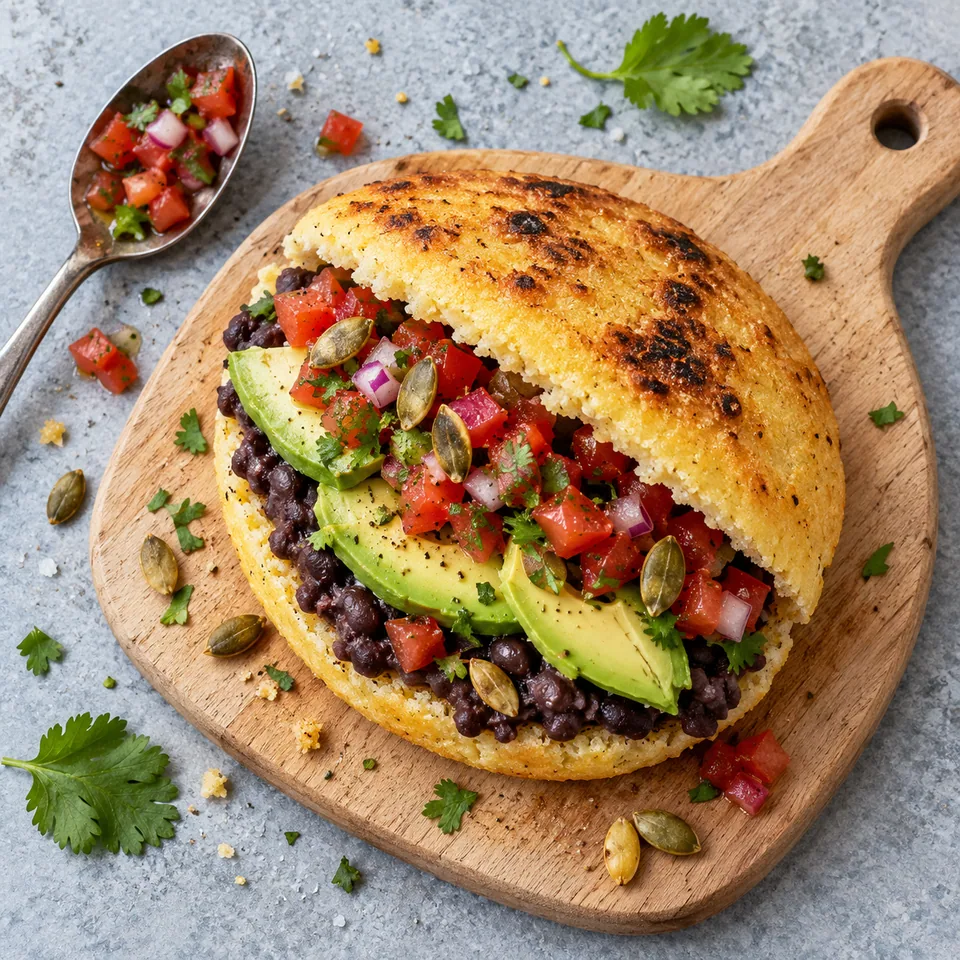 Arepas aux haricots noirs, avocat et salsa : galette de maïs dorée garnie de haricots, avocat et salsa sur planche en bois.