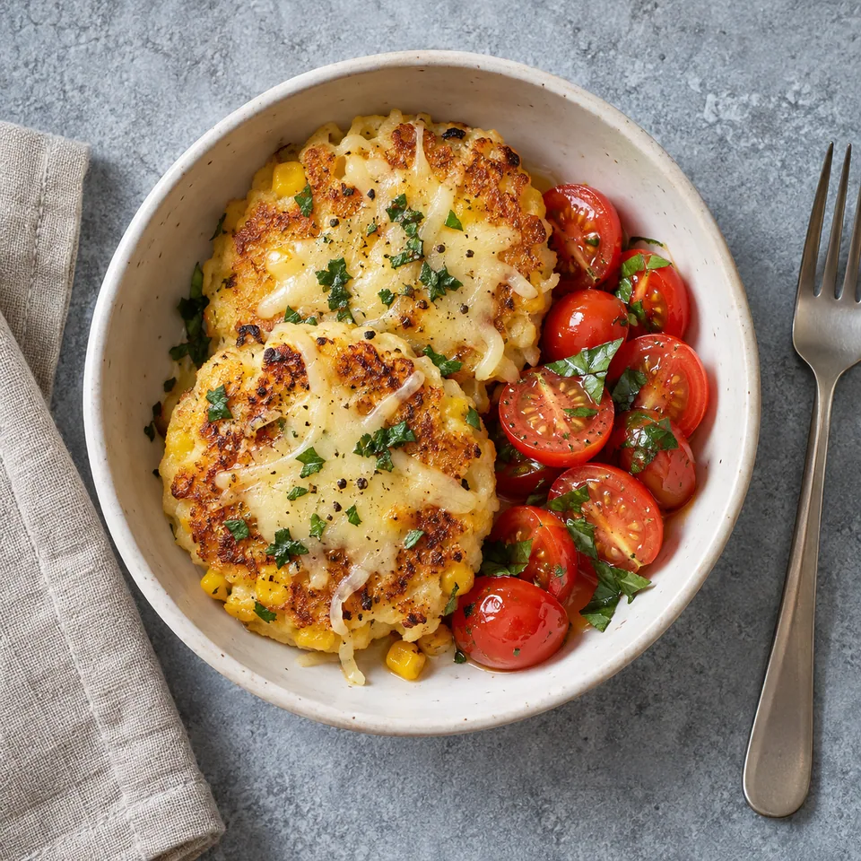 Arepitas au maïs et à l’emmental : deux galettes dorées avec emmental fondu et tomates cerises dans un bol blanc.