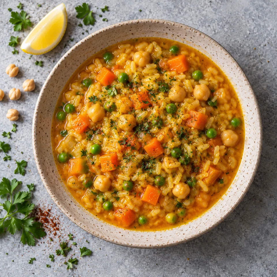 Arroz caldoso aux pois chiches et légumes : riz dans un bouillon orangé avec pois chiches, petits pois et dés de carotte, parsemé de persil.