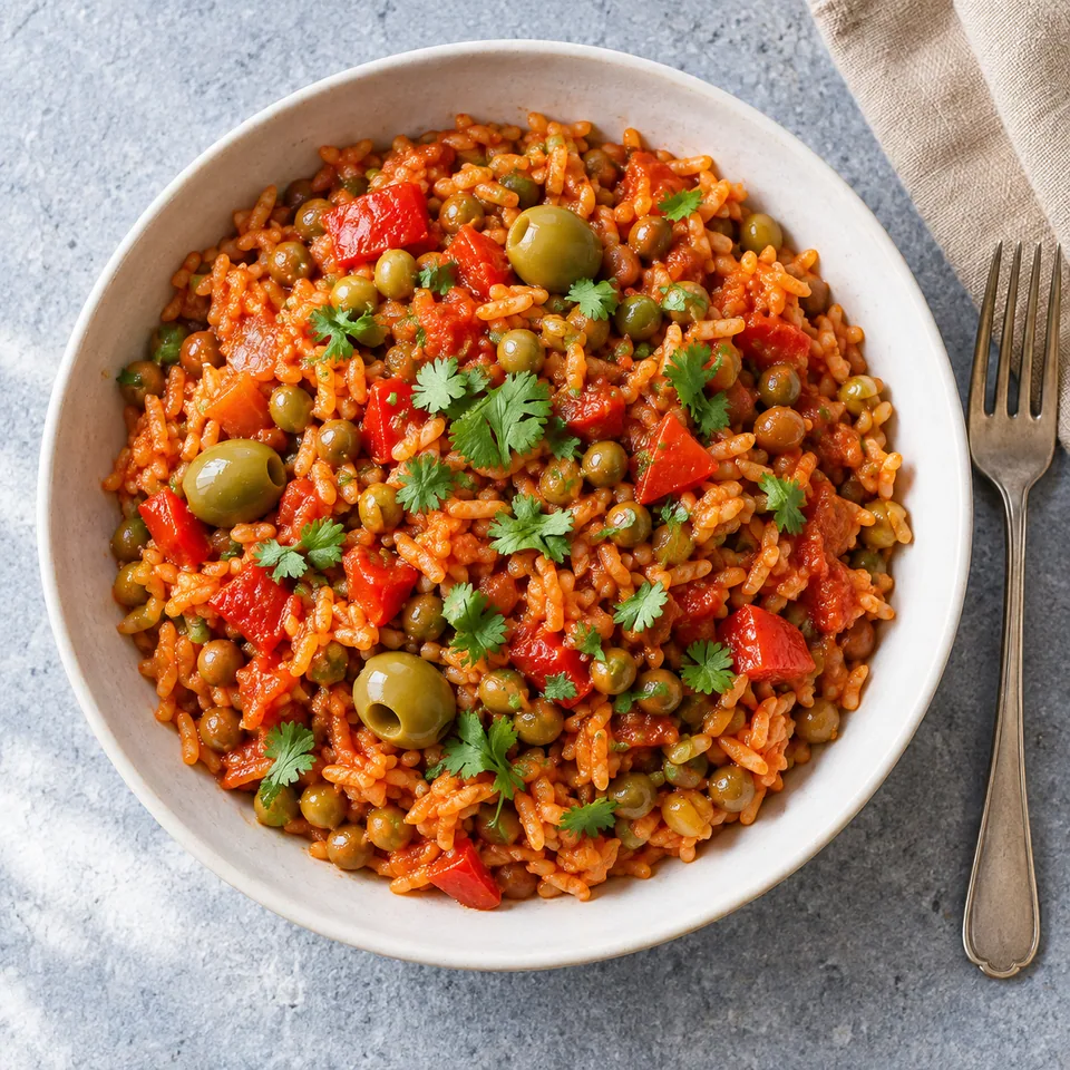 Arroz con gandules : riz festif aux pois d’Angole dans un bol blanc cassé, avec poivron rouge et olives.