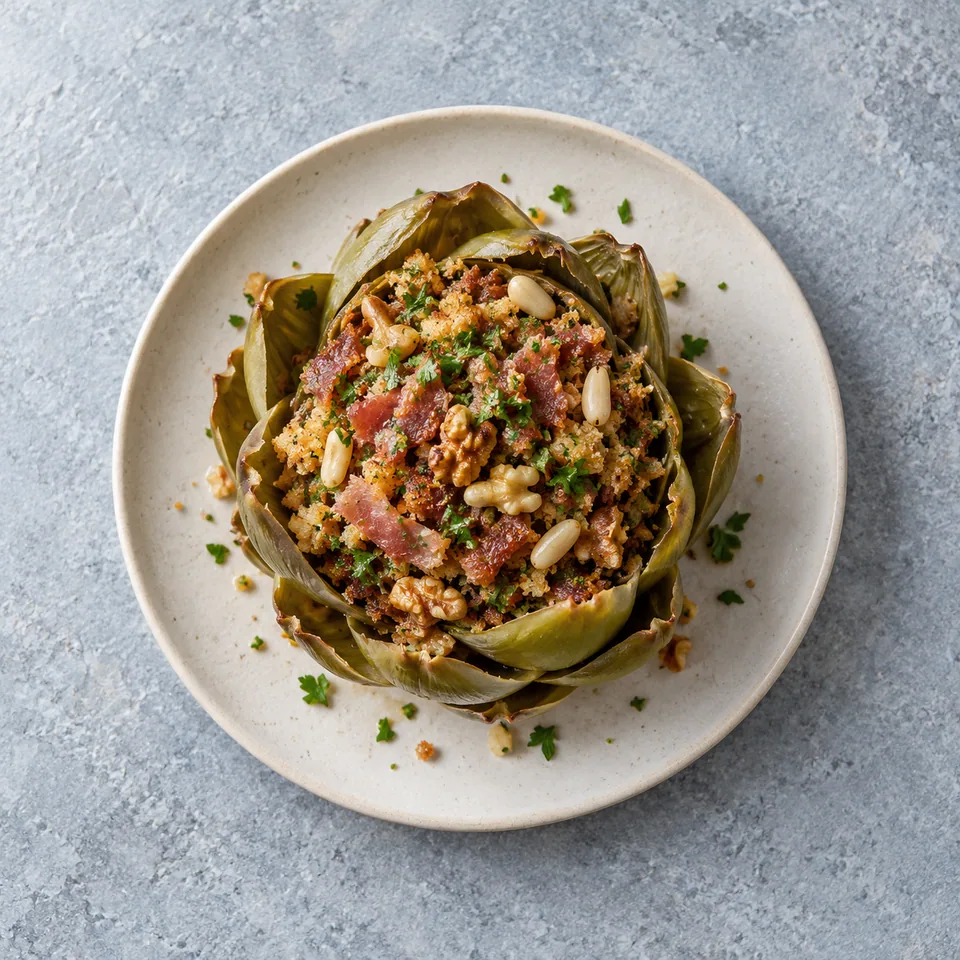 Artichauts farcis jambon, noix et pignons : artichaut ouvert montrant la farce aux noix et jambon.