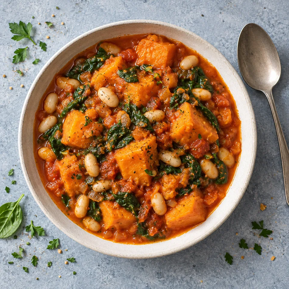 Asaro, ragoût de patate douce aux haricots servi dans une assiette blanche avec cubes de patate douce, haricots blancs et épinards dans une sauce rouge.