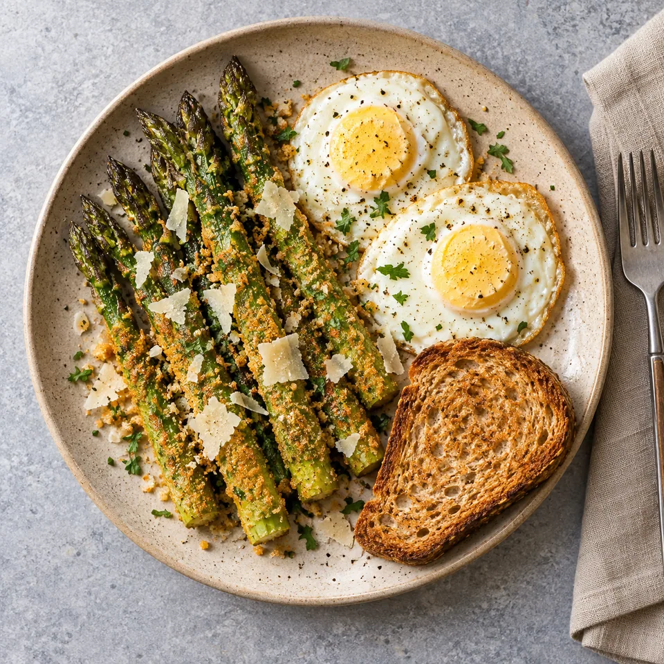 Asperges à la milanaise avec œufs bien cuits et pain grillé sur assiette beige moucheté
