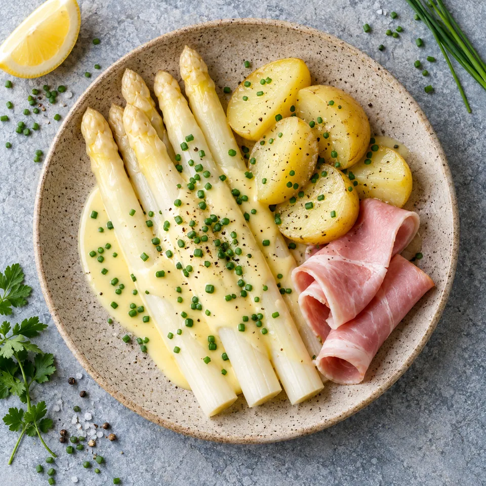 Asperges blanches à l’allemande et jambon cuit : asperges, pommes de terre, jambon roulé, sauce yaourt-ciboulette sur assiette grès.