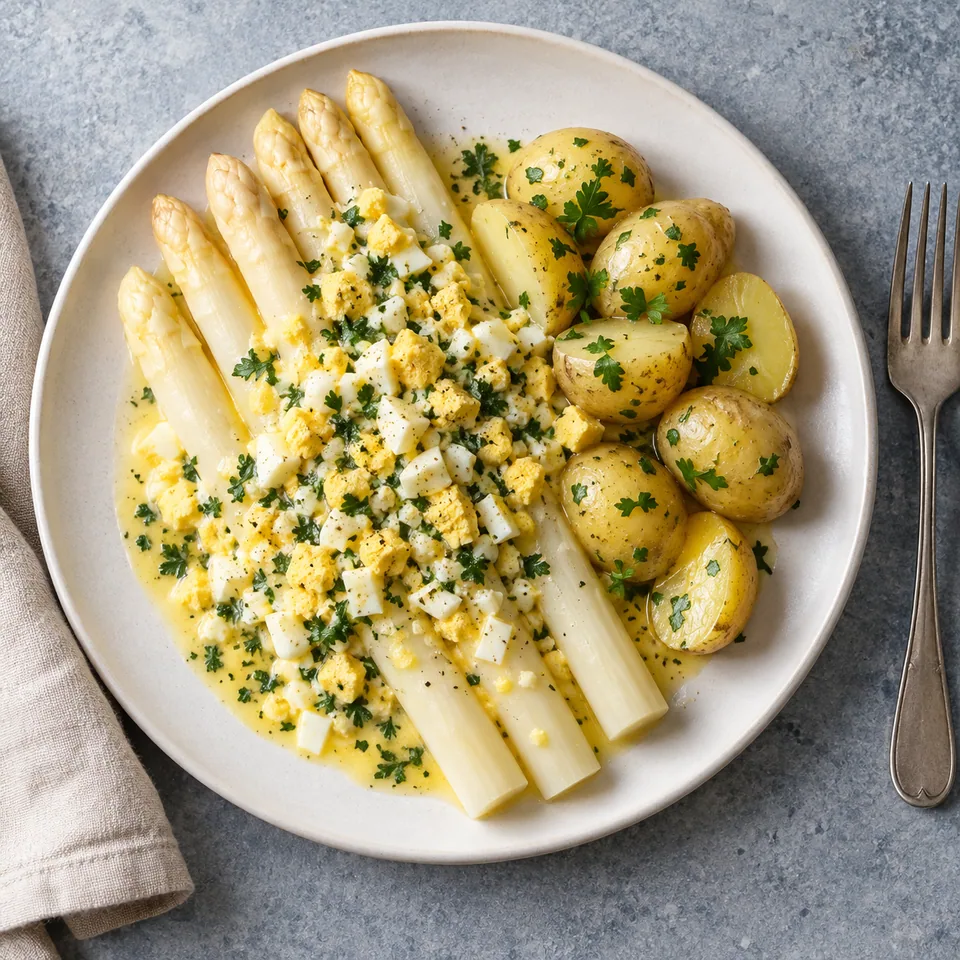 Asperges blanches à la flamande : asperges et pommes de terre nappées de sauce aux œufs et persil sur assiette blanche.