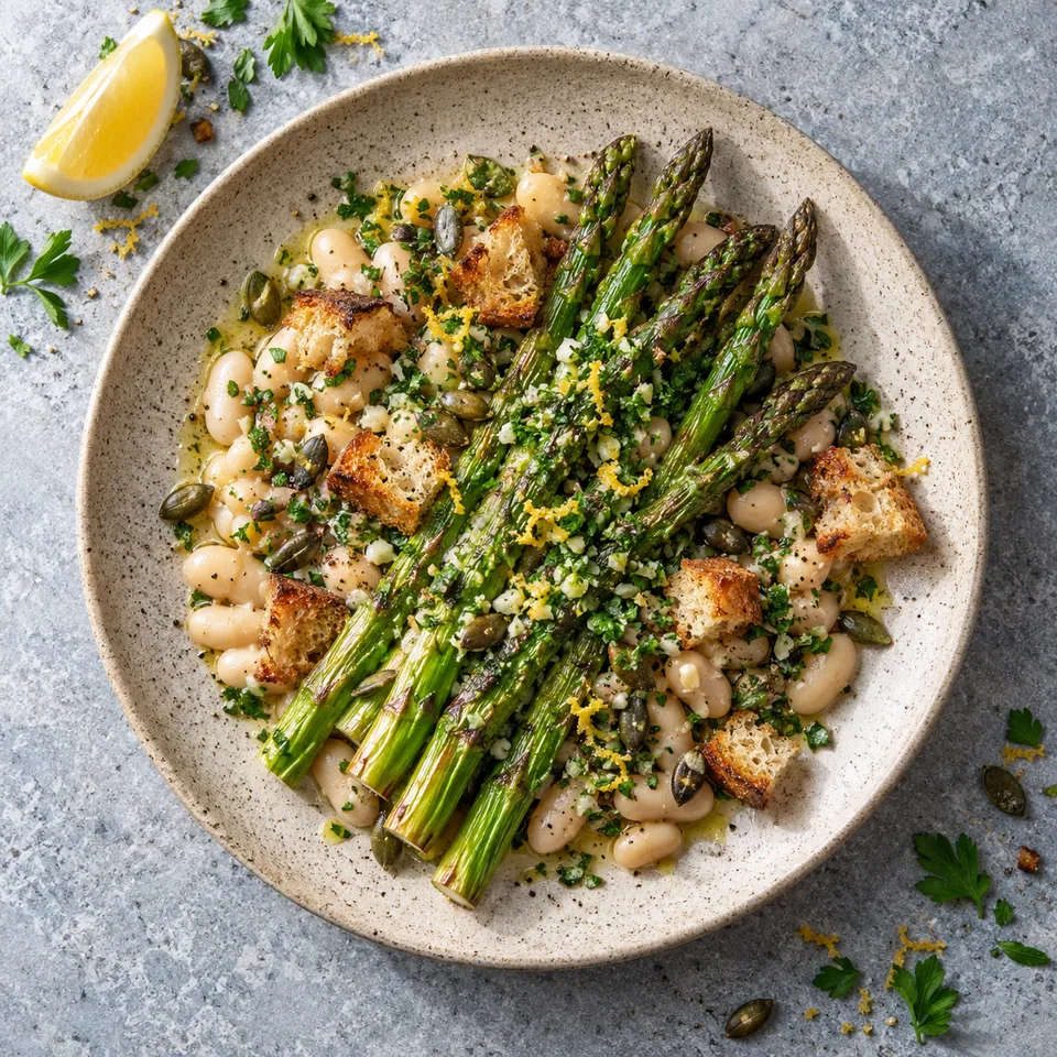 Asperges rôties, haricots blancs et gremolata : asperges vertes dorées, haricots blancs, croûtons et graines sur assiette beige.