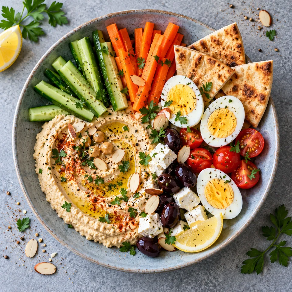 Assiette à picorer houmous et œufs durs : houmous, légumes crus colorés, œufs durs, pita grillée et amandes sur assiette bleue.