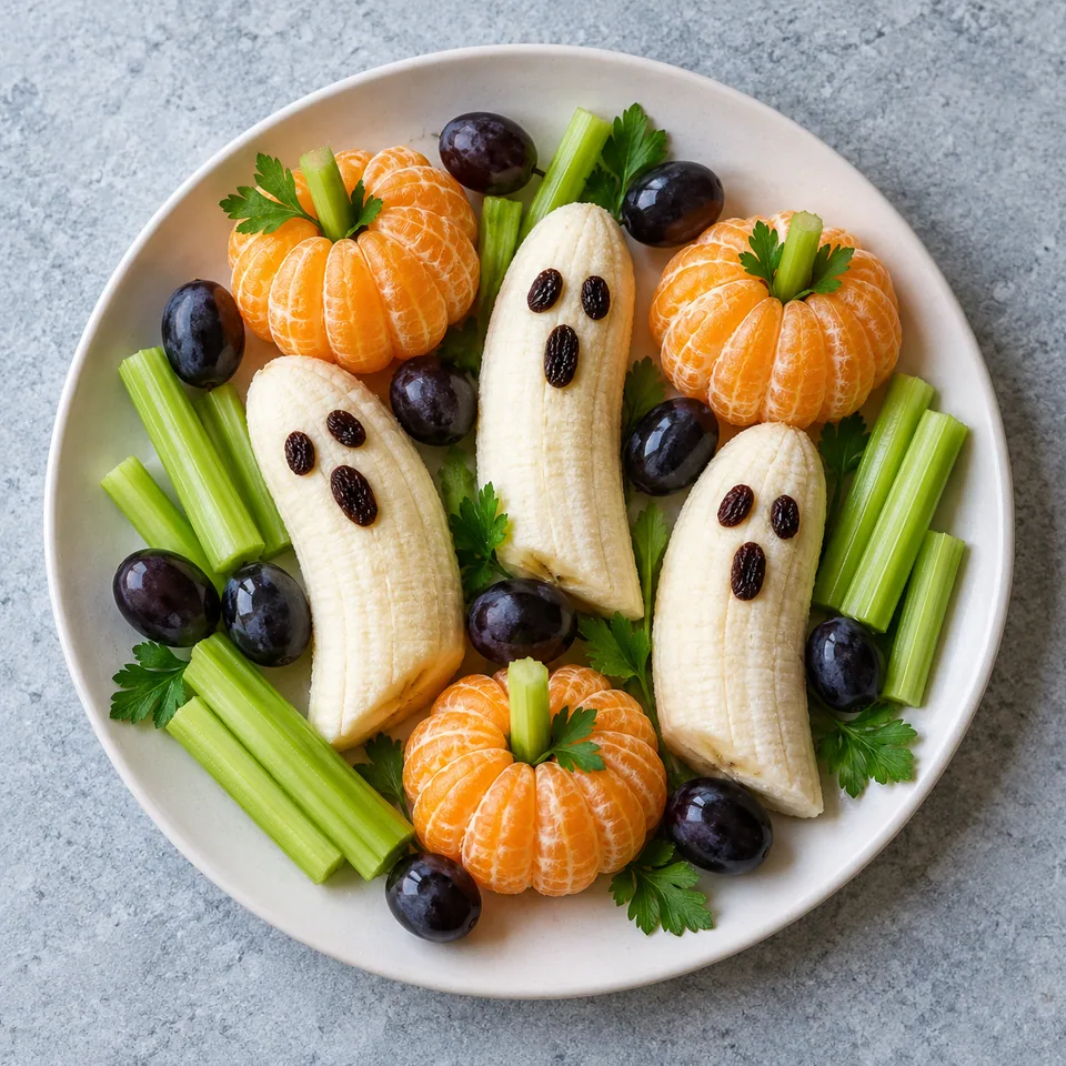Assiette citrouilles et fantômes fruités : bananes fantômes aux raisins secs, clémentines et céleri sur assiette blanche.