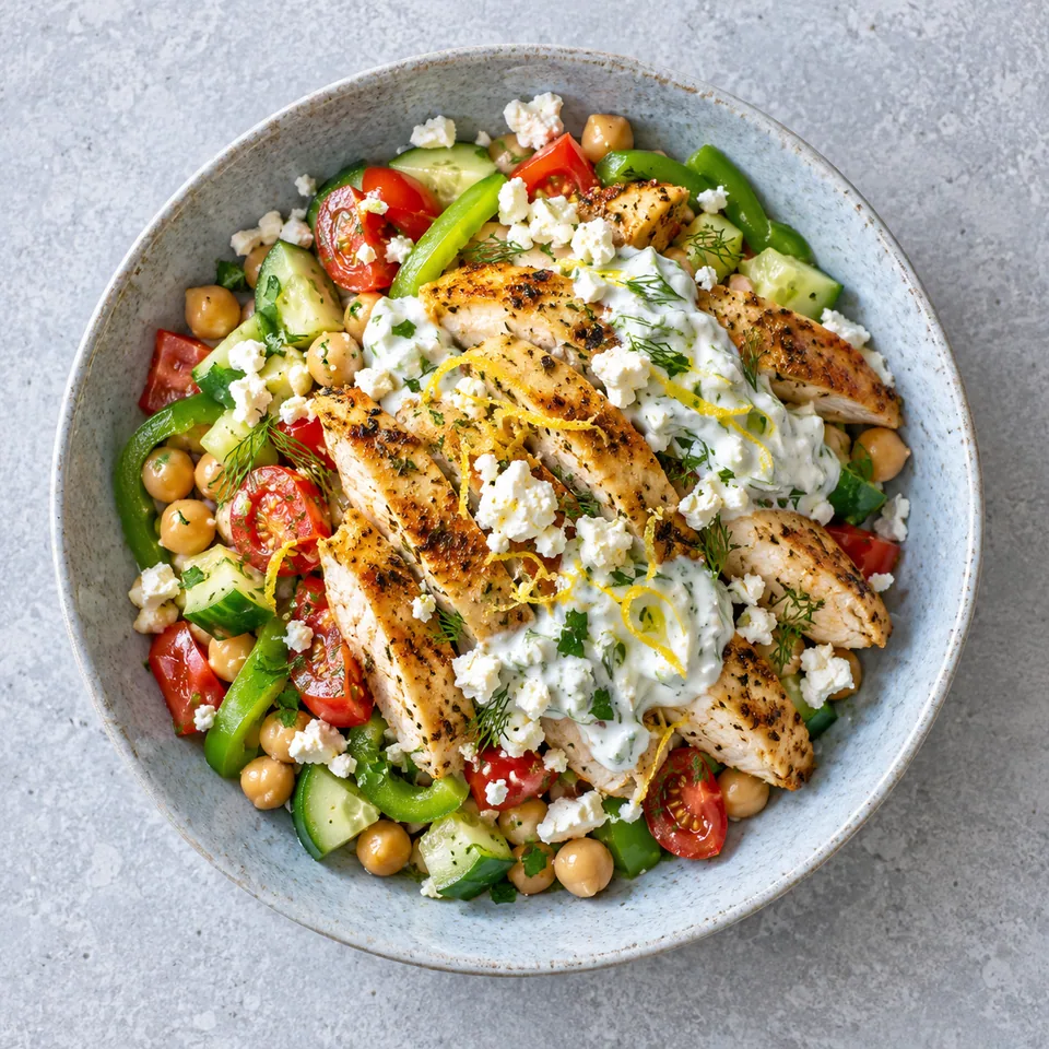 Assiette grecque au poulet citronné : poulet doré, légumes frais, tzatziki et feta sur assiette bleue.