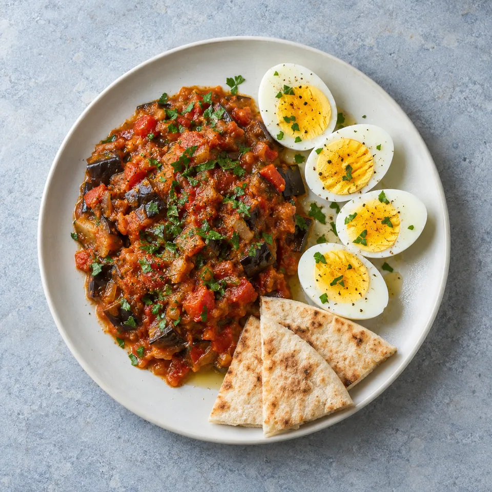 Aubergine façon zaalouk et œufs durs : légumes fondants rouge orangé, quatre demi-œufs, persil et pain pita.