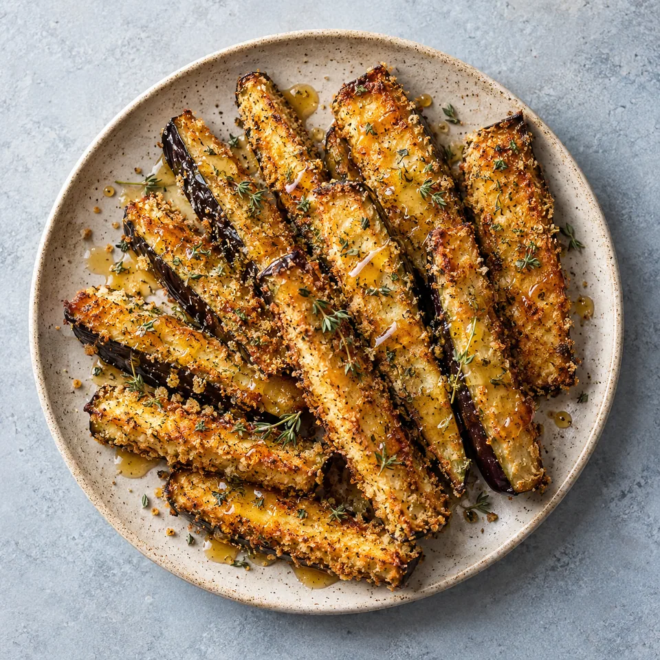 Aubergines croustillantes à l’air fryer, miel et thym : bâtonnets dorés nappés de miel sur une assiette en grès beige.