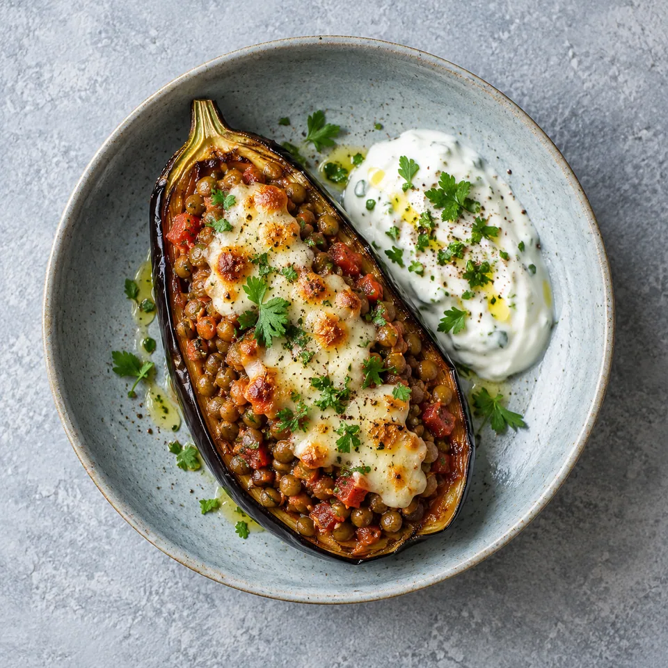 Aubergine farcie aux lentilles et mozzarella, servie avec yaourt à l'ail et persil sur assiette grise.