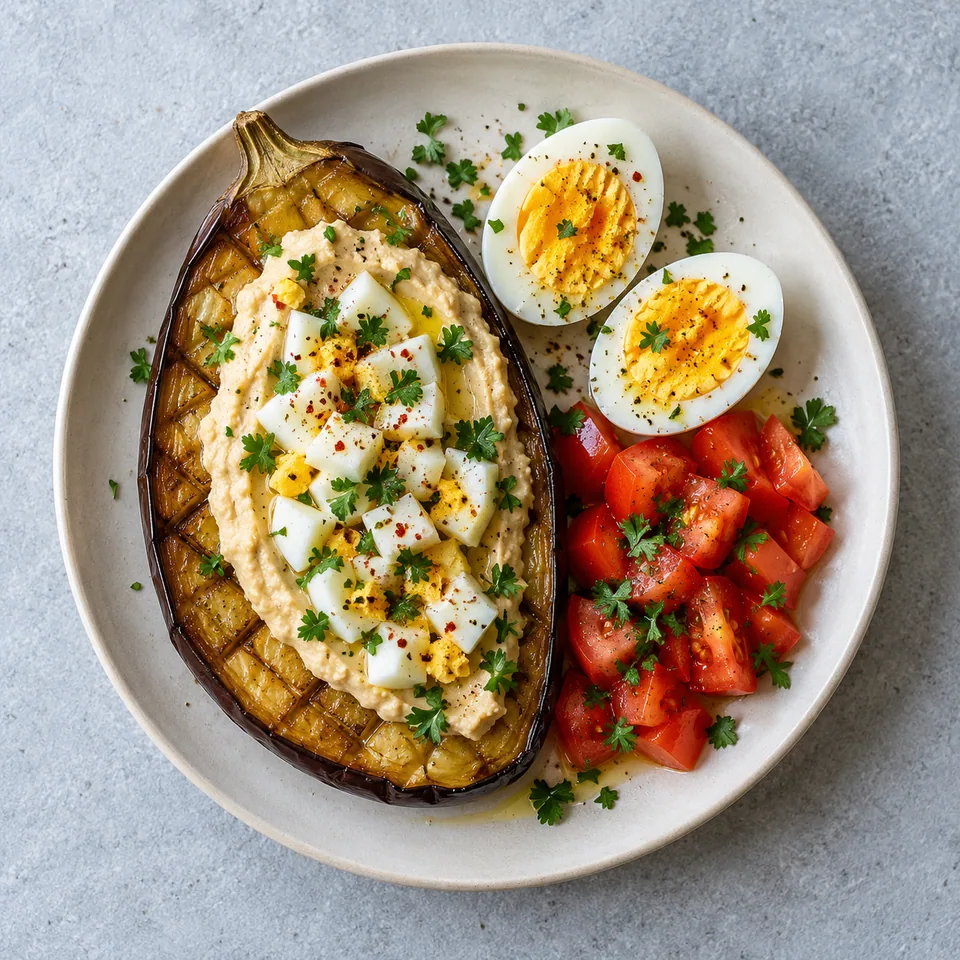 Aubergines rôties garnies de houmous et de blancs d’œufs, avec œufs durs, dés de tomate et persil.