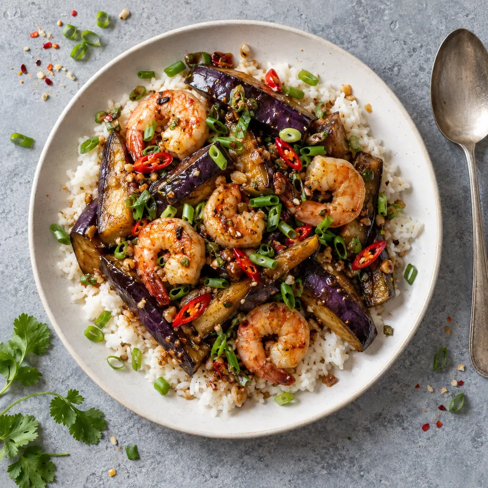 Assiette d'aubergines sautées aux crevettes, soja et ail sur riz, parsemée de ciboule et piment rouge.