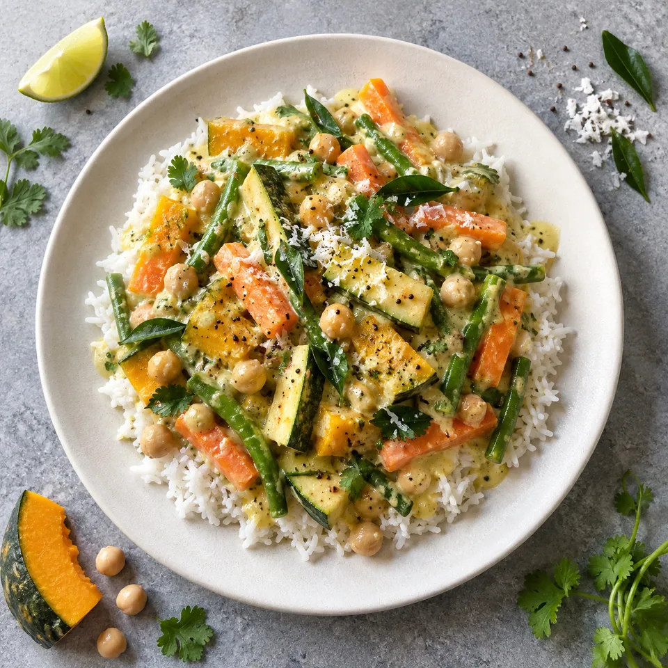 Assiette plate en céramique blanche avec portion d'Avial : riz, légumes en bâtonnets (carottes, haricots verts, courgette, potiron) et pois chiches nappés de sauce coco.