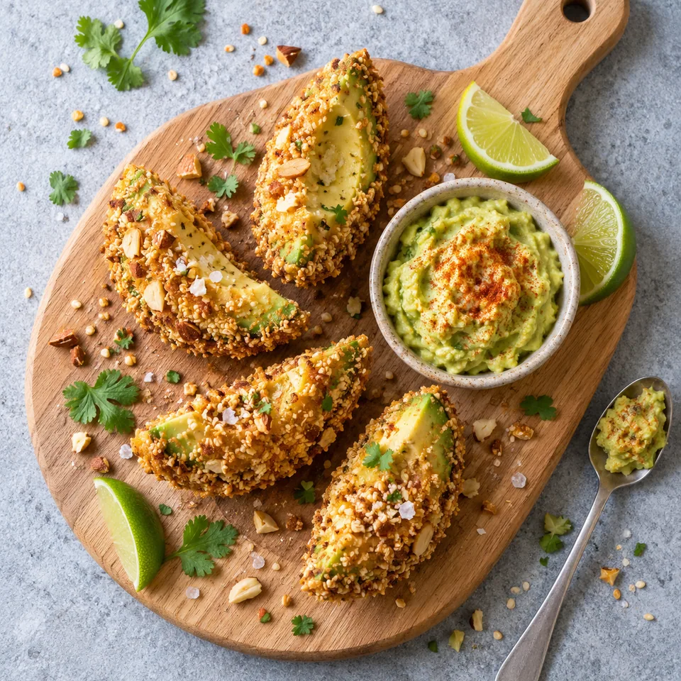 Avocat croustillant, sauce au citron vert : 4 quartiers dorés et croustillants sur planche avec une touche d'avocat écrasé rouge.