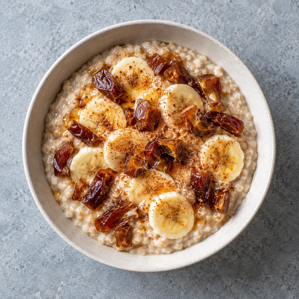 Bol d'avoine crémeuse au skyr, banane et dattes sur fond blanc cassé