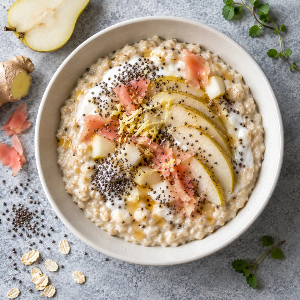 Bol d'avoine crémeuse poire-gingembre au yaourt de soja, garni de fruits râpés et graines de chia.