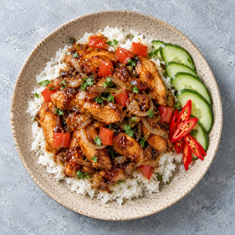Assiette de Ayam kecap : riz, poulet laqué doré, échalotes, dés de tomate et rondelles de concombre sur grès beige.