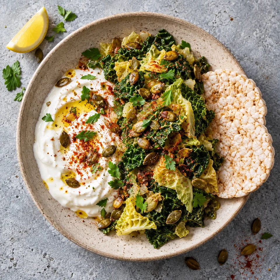 Ayib be gomen : skyr blanc et chou vert assaisonné, graines de courge dorées et galettes de riz sur assiette beige.