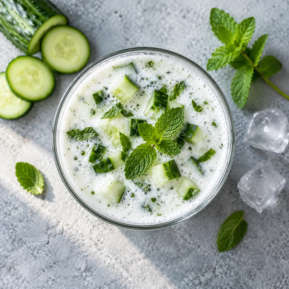 Ayran au concombre et à la menthe dans un grand verre transparent, garni de dés de concombre et de menthe fraîche.