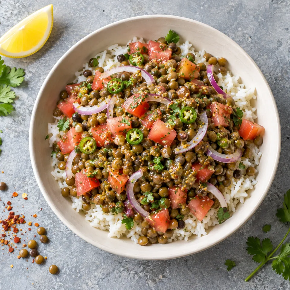 Bol de riz azifa éthiopien aux lentilles vertes, tomates rouges et oignons, nappé d'une sauce moutarde brillante.